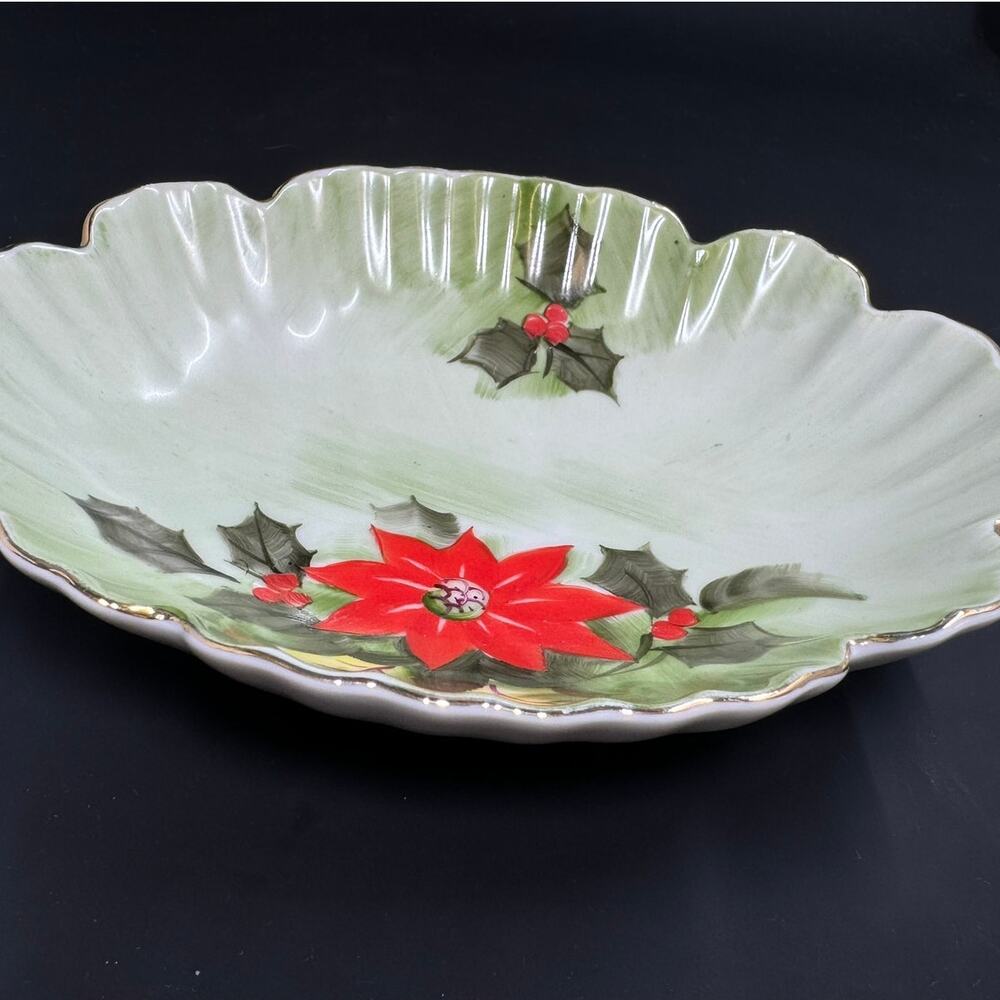 "LEFTON" China, Christmas,Hand Painted,Poinsettia‎ Small Serving DishDish